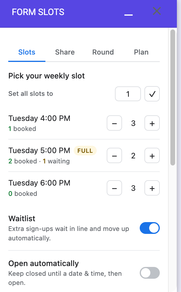 The Form Slots panel inside Google Forms. Tuesday 5:00 PM is marked full with 2 booked and 1 waiting.